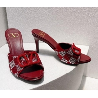 Cheap Price Valentino VLogo Heel Slide Sandals 7.5cm in Damier Crystals Dark Red 121172