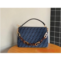 Famous Brand Fendi O Lock Zipper Brown FF jacquard fabric and leather bag F1068 Blue