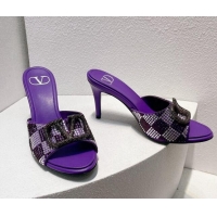 Purchase Valentino VLogo Heel Slide Sandals 7.5cm in Damier Crystals Purple 1121173