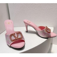 Lower Price Valentino VLogo Heel Slide Sandals 7.5cm in Damier Crystals Light Pink 1121179