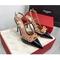 Best Grade Valentino Rockstud Bow Slingback Pumps in Patent Leather 10cm Black/Gold 214107