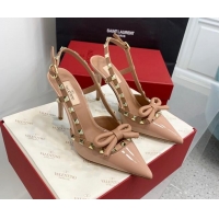 Stylish Valentino Rockstud Bow Slingback Pumps in Patent Leather 10cm Rose Nude 214108 