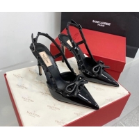 Charming Valentino Rockstud Bow Slingback Pumps in Patent Leather 10cm All Black 214109