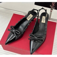 Hot Style Valentino Rockstud Bow Slingback Pumps in Patent Calf Leather 6cm All Black 1214110