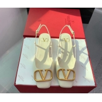 Pretty Style Valentino Metal-Tone VLogo Leather Slingback Sandals White 1214130