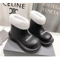 Grade Quality Balenciaga Trooper Rubber Rain Boots with Round Toe and Fur Black 1121090