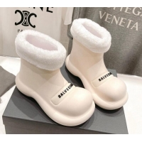 Classic Hot Balenciaga Trooper Rubber Rain Boots with Round Toe and Fur White 1121092