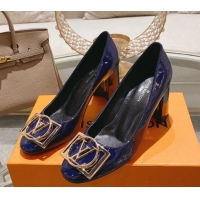 Top Grade Louis Vuitton Madeleine Pumps 8cm in Patent Leather with LV Circle Blue 204025