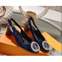 Good Quality Louis Vuitton Madeleine Slingback Pumps 4.5cm in Patent Leather with LV Crystals Blue 204041