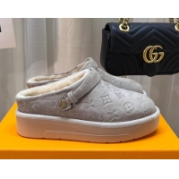 Discount Louis Vuitton Aspen Platform Clog Mules in Monogram Suede and Shearling Light Grey 1ACHW3