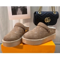 AAAAA Louis Vuitton Aspen Platform Clog Mules in Monogram Suede and Shearling Light Brown 204062