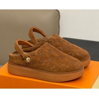 Sophisticated Louis Vuitton Aspen Platform Clog Mules in Monogram Suede and Shearling Dark Brown 204063