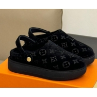 Grade Quality Louis Vuitton Aspen Platform Clog Mules in Monogram Suede and Shearling Black 204064