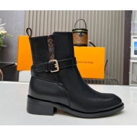 Low Cost Louis Vuitton LV Bootsy Flat Ankle Boots in Black Calf Leather with Strap Buckle 218025 