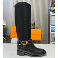 Grade Louis Vuitton Westside Flat High Boots in Black Calf Leather with Hook Chain 218028