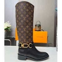 Stylish Louis Vuitton Westside Flat High Boots in Black Leather and Monogram Canvas with Hook Chain 218029