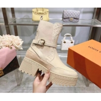 Stylish Louis Vuitton Laureate Platform Desert Ankle Boots in Leather with Strap Buckle Pale Beige 218035