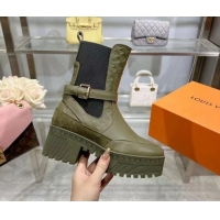 Stylish Louis Vuitton Laureate Platform Desert Ankle Boots in Leather with Strap Buckle Green 218037