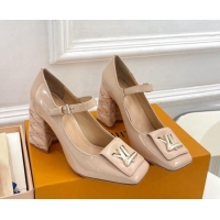 Popular Style Louis Vuitton Shake Mary Janes Pump 9cm in Patent Leather with Quilted Block Heel Nude 218049