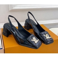 Shop Duplicate Louis Vuitton Shake Slingback Pump 5.5cm in Patent Leather with Quilted Block Heel Black 218056