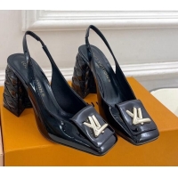 Good Quality Louis Vuitton Shake Slingback Pump 9cm in Patent Leather with Quilted Block Heel Black 218059