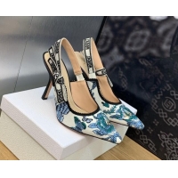 Unique Style Dior J'Adior Slingback Pumps 9.5cm in White and Pastel Midnight Blue Toile de Jouy Mexico Embroidery 202001