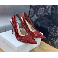 Low Price Dior J'Adior Slingback Pumps 9.5cm in Transparent Mesh Embroidered with Red 3D Macramé-Effect D-Lace Motif 202