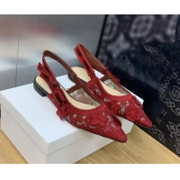 Purchase Dior J'Adior Slingback Ballet Flat in Transparent Mesh Embroidered with Red 3D Macramé-Effect D-Lace Motif 2020