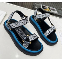 Buy Luxury Dior D-Wave Sandals in Denim Blue Multicolor Embroidered Cotton with Butterfly Bandana Motif 214046