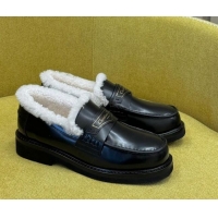 Duplicate Dior Boy Loafers in Calfskin and Shearling Black Leather 214053