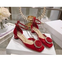 Charming Dior Rose Pumps 3.5cm in Red Patent Calfskin and White Resin Pearls 2106046