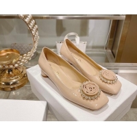 Good Quality Dior Rose Low Heel Pumps 3.5cm in Patent Calfskin and Resin Pearls Nude 2106048