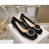 Low Price Dior Rose Low Heel Pumps 3.5cm in Patent Calfskin and Resin Pearls Black 106049