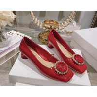 Low Cost Dior Rose Low Heel Pumps 3.5cm in Patent Calfskin and Resin Pearls Red 106050