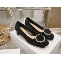 Classic Practical Dior Rose Low Heel Pumps 3.5cm in Suede with Strass and Resin Pearls Black 2106051