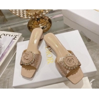 Best Price Dior Rose Heel Slide Sandals 3.5cm in Suede with Strass and Resin Pearls Apricot 2106054