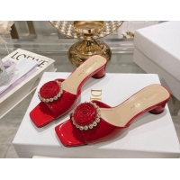 Good Product Dior Rose Heel Slide Sandals 3.5cm in Patent Calfskin and White Resin Pearls Red 2106056