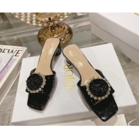 Design Discount Dior Rose Heel Slide Sandals 3.5cm in Patent Calfskin and White Resin Pearls Black 2106057