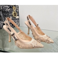 Grade Dior J'Adior Slingback Pumps 9.5cm in Transparent Mesh Embroidered with Nude 3D Macramé-Effect D-Lace Motif 206058