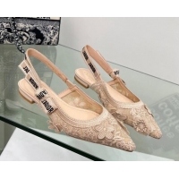 Top Quality Dior J'Adior Slingback Ballet Flat in Transparent Mesh Embroidered with Nude 3D Macramé-Effect D-Lace Motif 