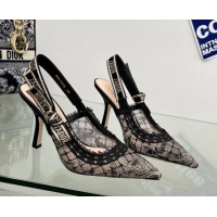 AAAAA Dior J'Adior Slingback Pumps 9.5cm in Transparent Mesh Embroidered with Black and Gold-Tone Butterfly Motif and Me