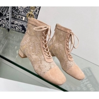 Luxury Dior Naughtily-D Ankle Boots 3.5cm in Transparent Mesh and Nude Suede Embroidered with Dior Roses Motif 06068