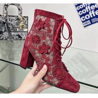 Hot Style Dior Naughtily-D Ankle Boots 8cm in Transparent Mesh Embroidered with Deep Fuchsia 3D Macramé-Effect D-Lace Mo