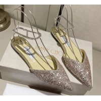 Buy Luxury Jimmy Choo Saeda Flat Shoes with Crystal Ankle Strap in Glitters Champagne Gold 218088