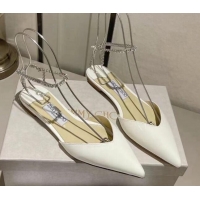 Original Cheap Jimmy Choo Saeda Flat Shoes with Crystal Ankle Strap in Patent Leather White 218091