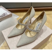 Popular Style Jimmy Choo Bing Pumps 6.5cm/8.5cm in Glitter with crystals Silver 109025