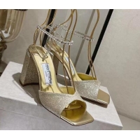 Top Grade Jimmy Choo Saeda Sandals Block Heel 8.5cm with Crystals Ankle Strap in Glitter Gold 109058