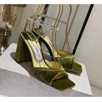 Best Grade Jimmy Choo Saeda Sandals Block Heel 8.5cm with Crystals Ankle Strap in Velvet Green 109059