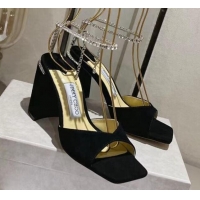 Low Price Jimmy Choo Saeda Sandals Block Heel 8.5cm with Crystals Ankle Strap in Suede Black 109060