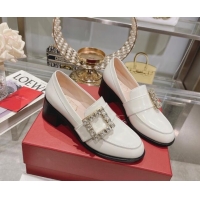 Good Quality Roger Vivier Viv' Rangers Strass Buckle Loafers 4.5cm in Shiny Leather White 218120